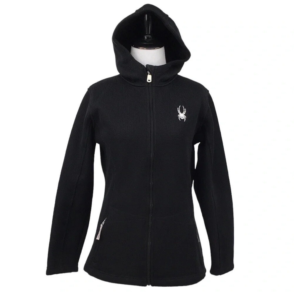 Spyder Hoodie Jacket Kids XL Black Ribbed Knit Raider Fleece Zip Up Hooded